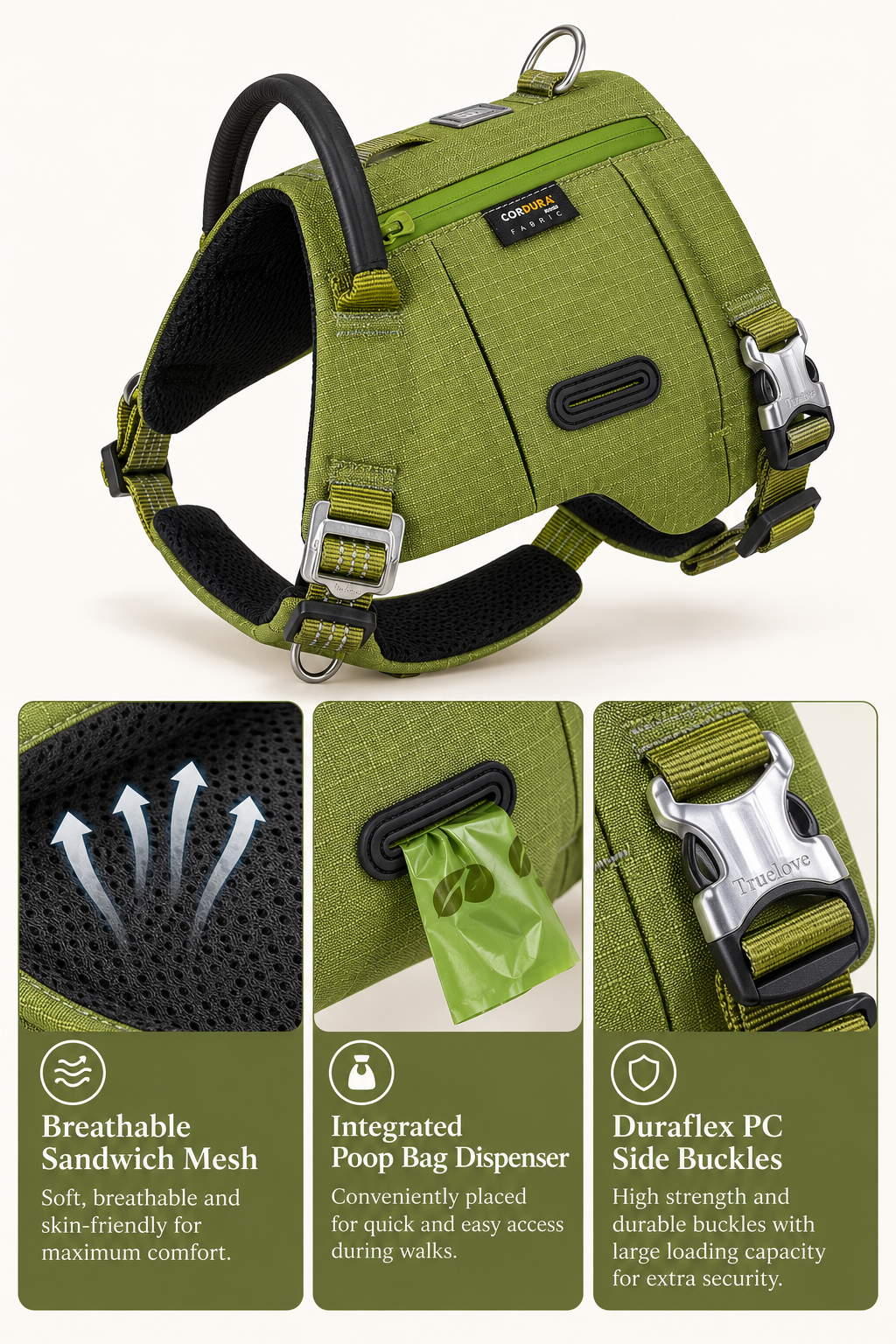 An olive green dog harness with black mesh lining and silver buckles, shown on a light beige background with three feature callout panels below highlighting breathable mesh, a poop bag dispenser pocket, and durable side buckles.