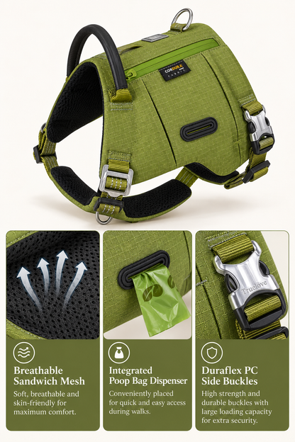 An olive green dog harness with black mesh lining and silver buckles, shown on a light beige background with three feature callout panels below highlighting breathable mesh, a poop bag dispenser pocket, and durable side buckles.